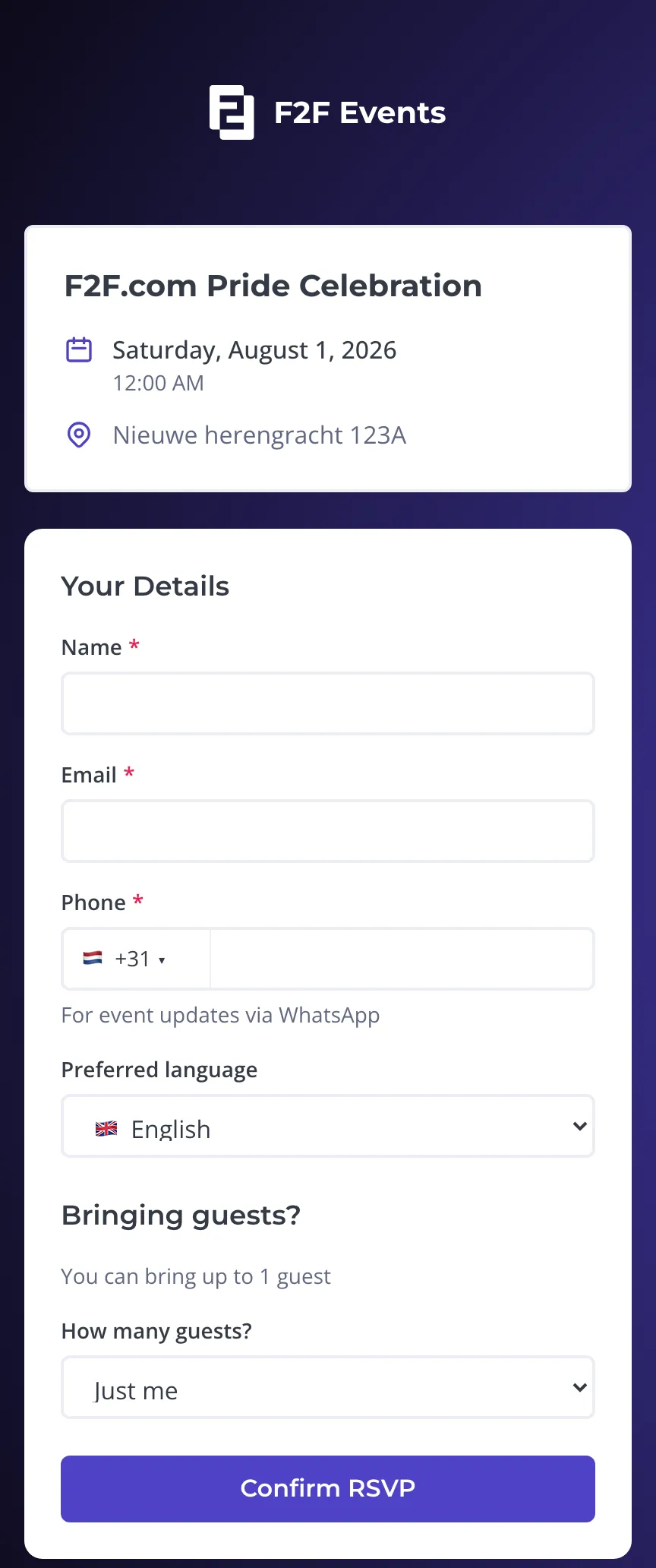 Ticket portal on a phone: event name, date and address, then name, email, phone for WhatsApp updates, language, number of guests and a Confirm button