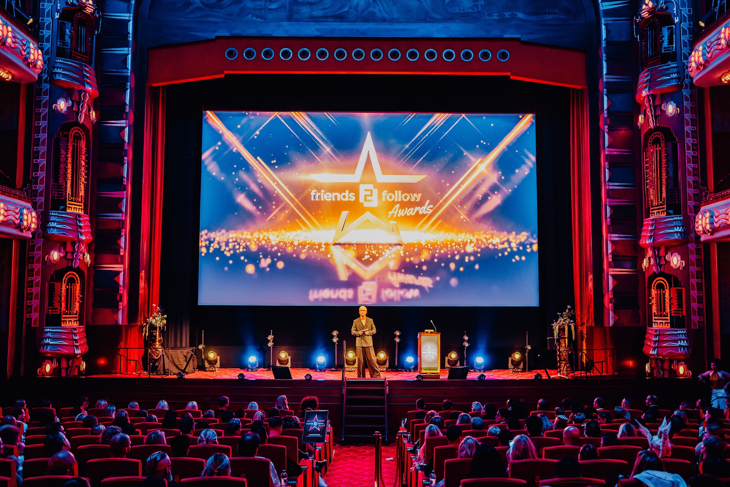 The stage and the audience at the F2F Creator Awards 2026 in Theater Tuschinski.
