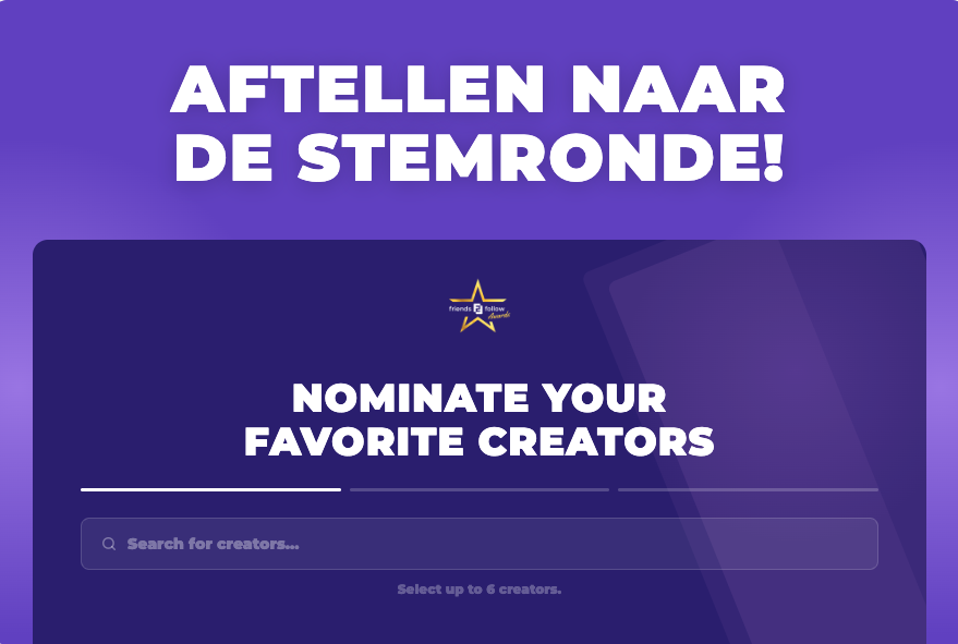 The nomination page of the F2F Creator Awards vote, in the client's brand: a countdown to the voting round and a search box to nominate up to six creators